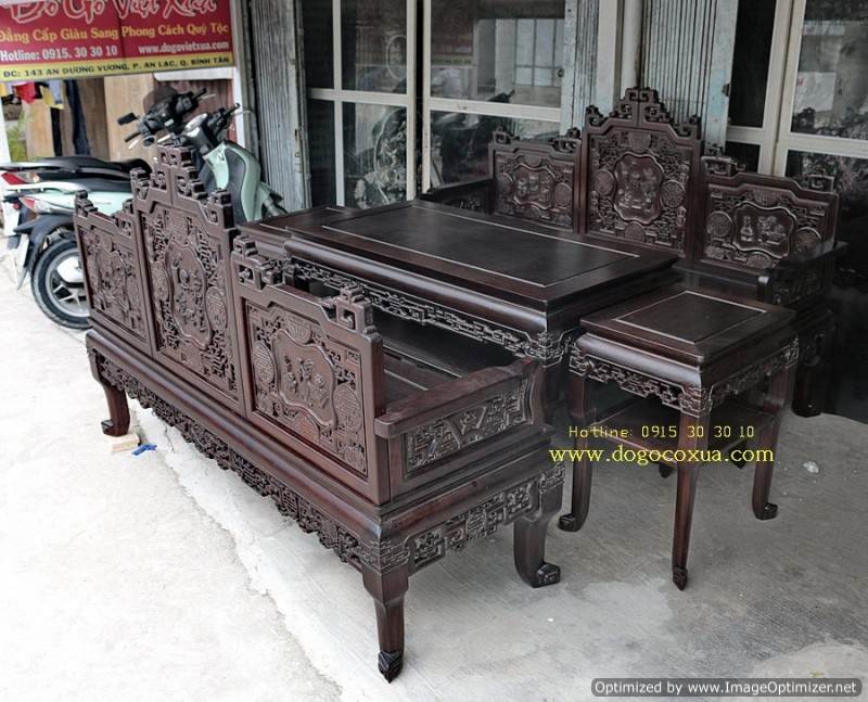 Bộ Bàn Ghế Trường Kỷ Đục Chạm Tứ Diện Tích Thư Đồ