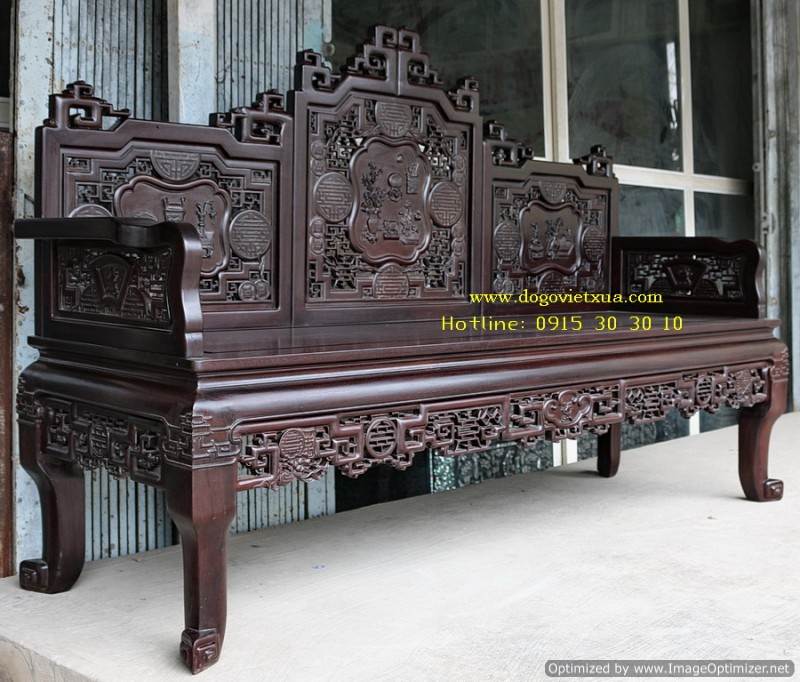 Bộ Bàn Ghế Trường Kỷ Đục Chạm Tứ Diện Tích Thư Đồ