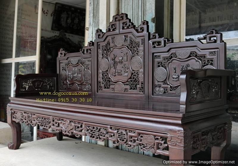 Bộ Bàn Ghế Trường Kỷ Đục Chạm Tứ Diện Tích Thư Đồ