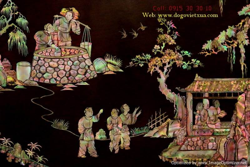 TRANH THIÊN HẠ THÁI BÌNH ĐẸP HIẾM GẶP - KHẢM ỐC ĐỎ LỬA VÀNG CHANH XANH THIÊN LÝ