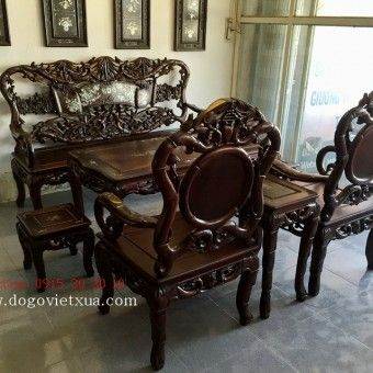 BÀN GHẾ PHÒNG KHÁCH CHẠM CHIM TRÚC, CẨN ỐC GỖ GỤ