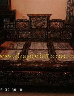Sập Ba Thành Tựa Ngũ Sơn Chạm & Cẩn Ốc Vàng Chanh