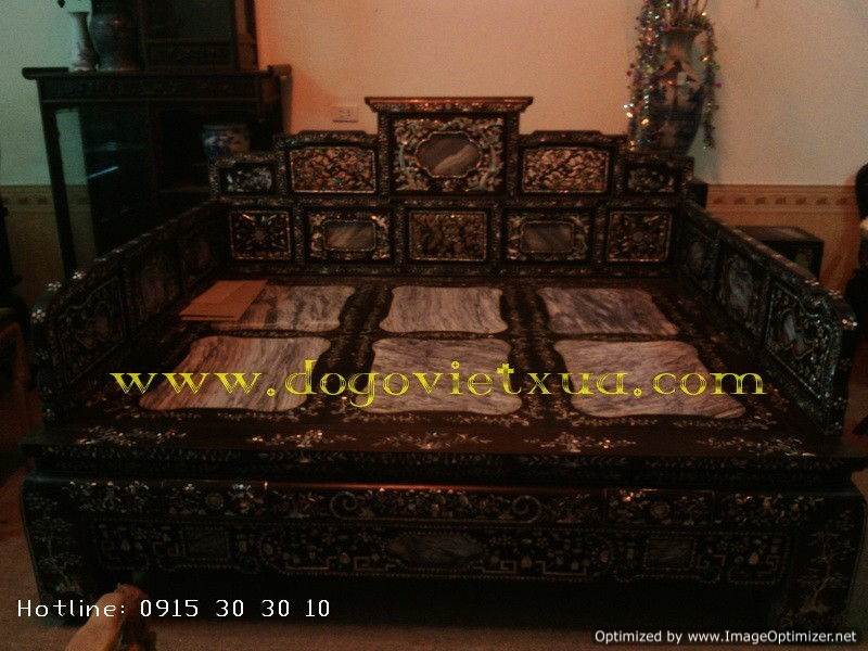 Sập Ba Thành Tựa Ngũ Sơn Chạm & Cẩn Ốc Vàng Chanh